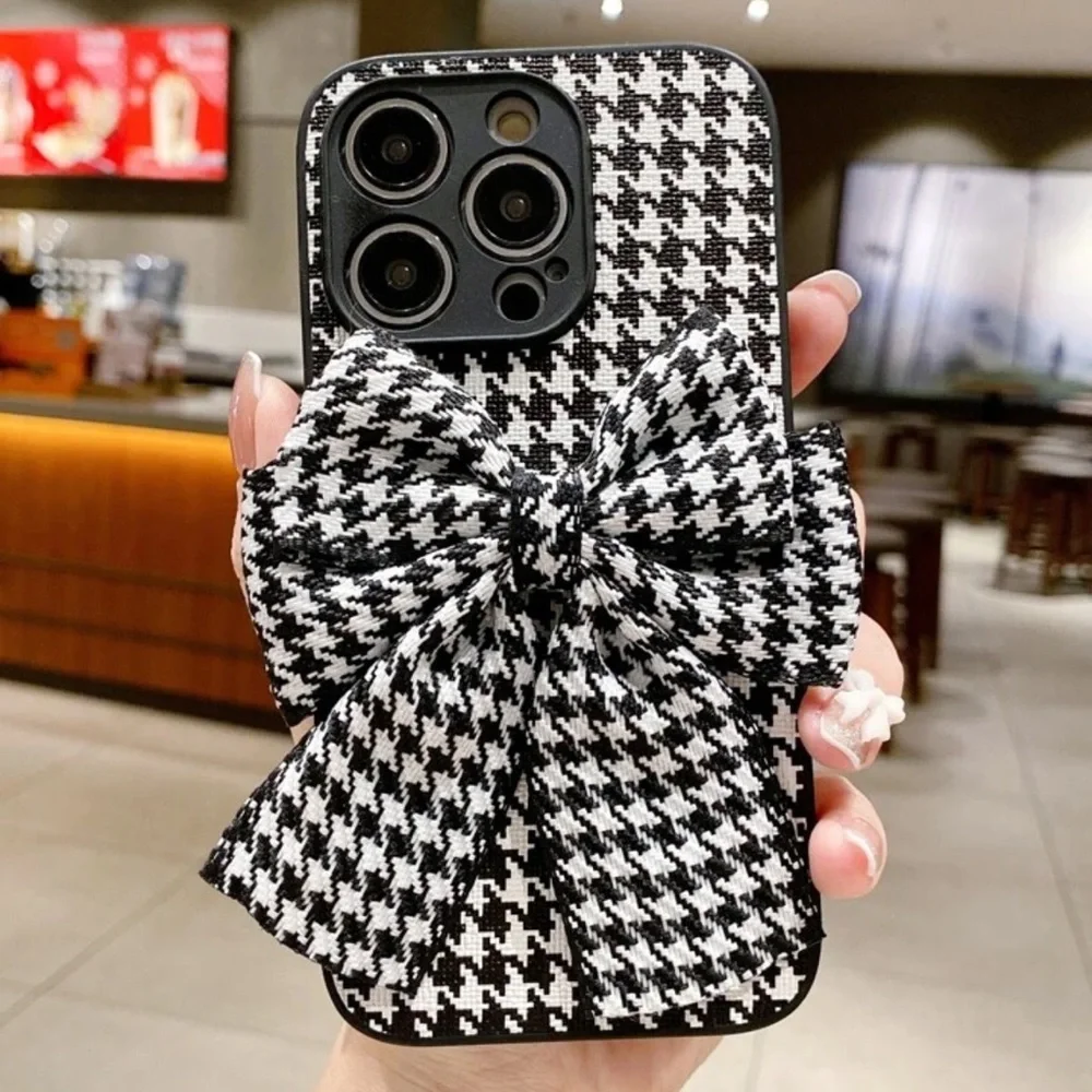 2 iPhone 15 Pro Max phone case pink fabric bow houndstooth plaid black white NEW